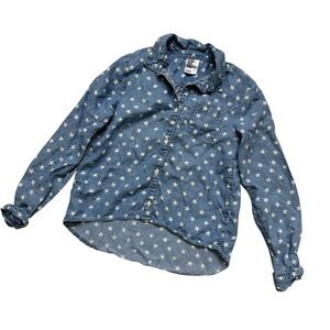 H&M Blue White Stars Shirt Button Up Long Sleeve Lightweight Girls 9-10